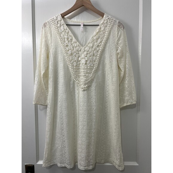 Xhilaration Cream Lace Mini Dress 3/4 Sleeve V Neck Boho - Women's S - Picture 1 of 11